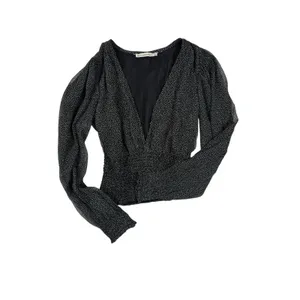 Abercrombie & Fitch Black Polka Dot Smocked‎ Waist Blouse XS Sheer Puff Sleeve thumbnail 3