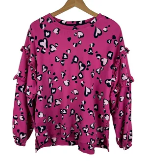 Crown & Ivy Pink Heart Leopard Print Ruffle Sweatshirt Large Cozy‎ Valentine's thumbnail 1