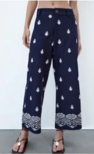 Zara Navy Embroidered High Waist Cropped Wide Leg Size Medium thumbnail 1