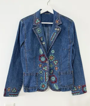 Women’s Aztec Embroidered Denim Jacket Boho Western Floral Pocket Size S thumbnail 1