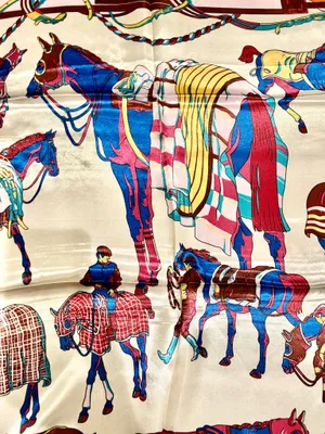Vintage classic EQUESTRIAN horses PRINT ORANGE/ off white SQUAR SILK SCARF 35/35 thumbnail 13