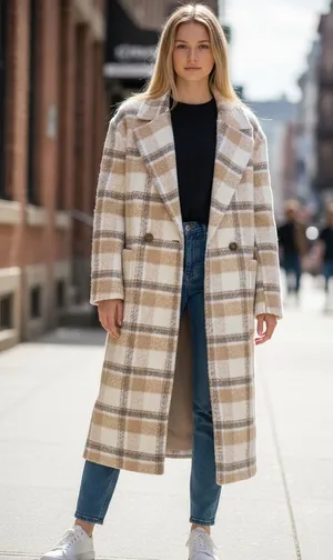 NWOT Loft Cream Beige Plaid Oversized Boucle Modern Double Breasted Coat XL thumbnail 1