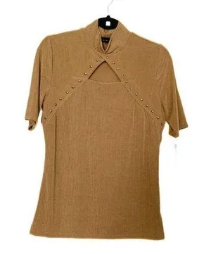 I.N.C. International Concepts Short Sleeve Cutout Mock Neck Top Light Camel thumbnail 1