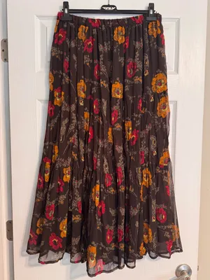 Vintage 90s/Y2K Autumn Brown Red Gold Floral Broomstick Gauzy Maxi Skirt Large thumbnail 2