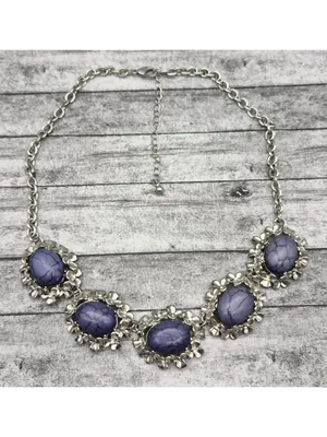 Silver-Tone Necklace W/ Purple Marble Stones & Floral Accents 21" Chain Length thumbnail 8