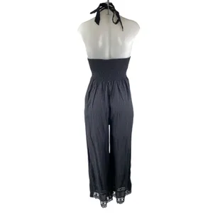 ZARA Black Polka Dot Lace Trim Halter Neck Sleeveless Wide Leg Romper Jumpsuit S thumbnail 2