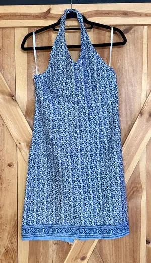 Vtg Boho Y2K Blue Floral Halter Backless Sundress Calico Mini Cottagecore V-Neck thumbnail 1