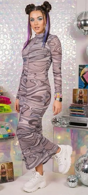 VTG Y2K Mesh Maxi Dress Psychedelic Swirl Print Long Sleeve Bodycon Grunge L thumbnail 1