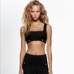 Zara Black Textured Ottoman Crop Top Black with Gold Buttons Large thumbnail 2