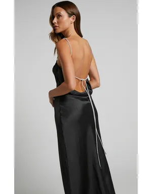 Showpo Archie Maxi Dress - Cowl Back Diamanté Strap Satin Dress In Black thumbnail 2