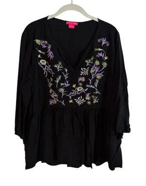 Sunny Leigh Peplum Blouse Black XL Women Embroidered V-Neck Boho Peasant Top thumbnail 1