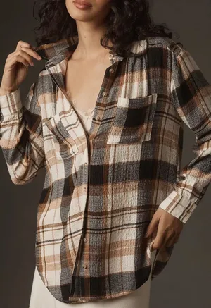 Anthropologie Pilcro Relaxed Long-Sleeve Checkered Shirt Small Brown Plaid Boho Casual Flannel thumbnail 1