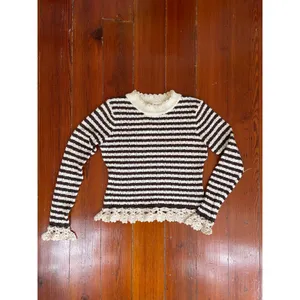 Bohme NWT Striped Crochet Trim Sweater Womens Medium Brown Cream thumbnail 3