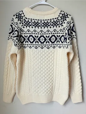 Original Aran Co Women Fair Isle Crew Neck Aran Sweater M cream 100% Merino woo thumbnail 2