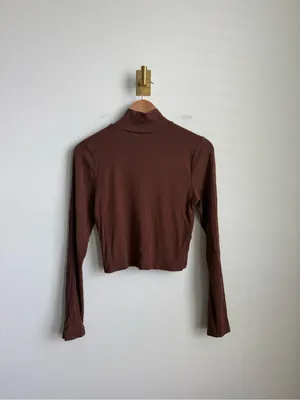 Wilfred Aritzia Brown Ribbed Cropped Mock Neck Long Sleeve Top Large thumbnail 5