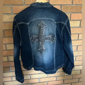 Ethyl Vintage Jean Denim Jacket Women’s Size 1X Gemstone Bedazzled Cross Y2K thumbnail 8