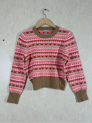 NWT J. Crew Shrunken Fair Isle Crewneck Sweater Lambswool Blend in Pink Brown M thumbnail 3