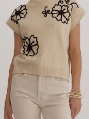 Source Unknown Cozy Floral Stitching Mock Neck Knit Sweater Vest Top - Cream / L (NWOT) thumbnail 1