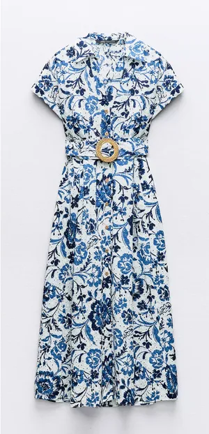 Zara White and Navy Blue Floral Eyelet Dress thumbnail 1