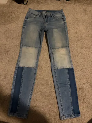 High waisted light wash, multi patched pattern jeans thumbnail 1