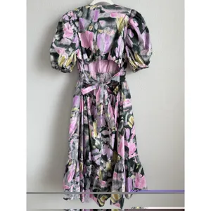 PINCH Watercolor Abstract Floral Midi Dress Smocked Puff Sleeve V-Neck Pink Sz M thumbnail 2