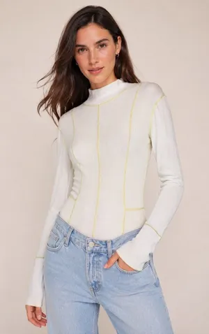 Free People Out of This World Bodysuit Women Small Ivory Yellow Ribbed Knit Boho thumbnail 1