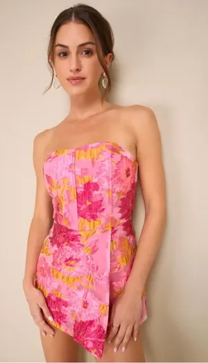 NWT Lulus Sensational Excellence Pink Jacquard Strapless Skort Romper thumbnail 1