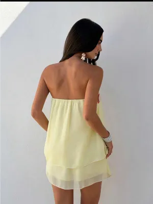 Light Yellow Strapless Layered Summer Romper with Floral Tie thumbnail 2