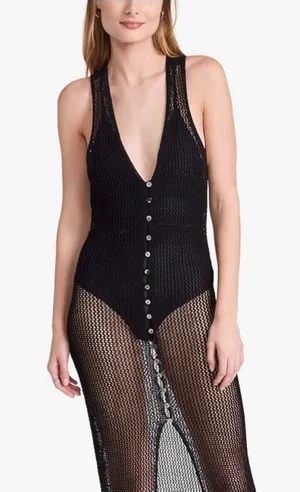 L*Space Adrift Dress Black Crochet Maxi Button Down Cover Up Medium thumbnail 1