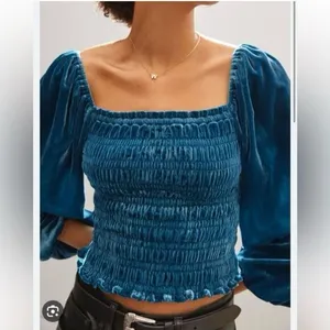 Anthropologie Smocked Puff Sleeve‎ Blue Velvet Square Neck Long Sleeve Top thumbnail 4