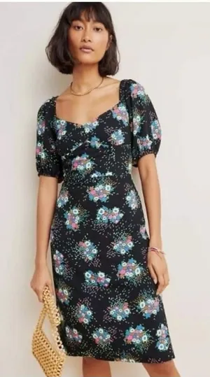 Anthropologie‎ Scarletta Sweetheart Neckline Puff Sleeve Floral Dress 2 Black thumbnail 1