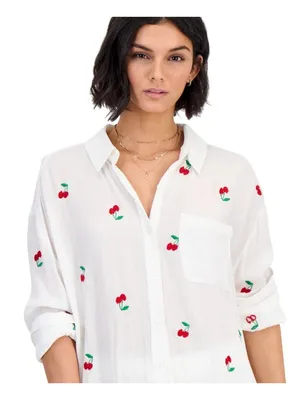 Miken Womens Cherry Embroidered Button-Down Swim Shirt I2992PUXH White Multi M thumbnail 8