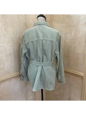 Zara denim belted cotton jean jacket sage green Sz XL thumbnail 8