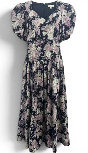 Laura Ashley Dress Womens 10 Floral Puff Sleeve Maxi Navy Pink V-Neck EUC thumbnail 1