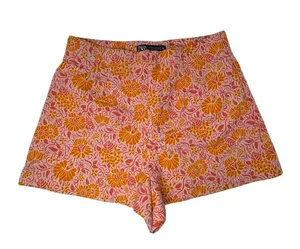 Zara Women's Medium Printed Bright Linen Blend Shorts Orange Pink Floral Pattern thumbnail 2