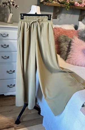 High Waist Wide Leg Palazzo Culottes Loose Pants Womens Small Olive Green Tan thumbnail 1