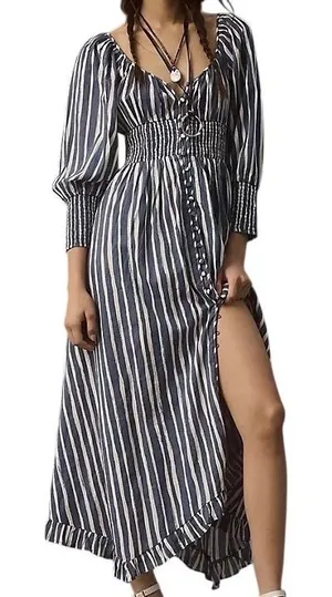 NWT Anthropologie Long Sleeve Sweetheart Midi Dress Blue Striped Size Small Boho thumbnail 1