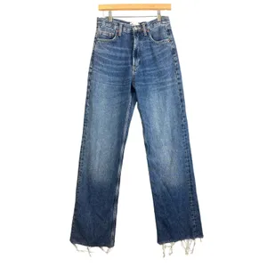 Zara Jeans Size 2 Wide Straight Leg Long High Rise Raw Hem Rigid Denim Cotton thumbnail 3