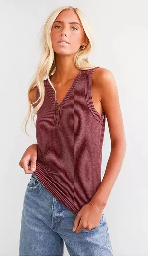 BKE Ribbed Henley Tank Top in Burgundy thumbnail 1