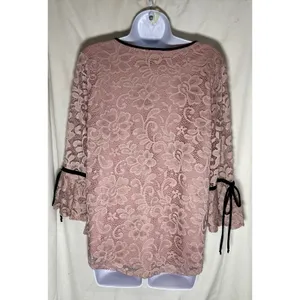 Onyx Apparel Women’s Lace Blouse L Pink/Black Pearl V-Neck Bell Sleeve 20195CM thumbnail 2