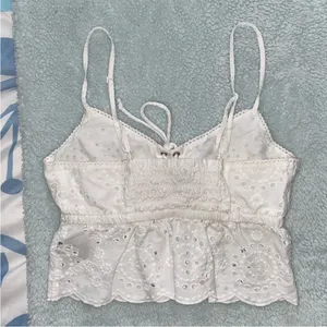 Aerie White Lace Up Eyelet Crop Cami Top thumbnail 3