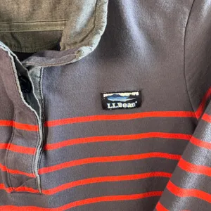 LL Bean Sweatshirt Katahdin Logo Cotton Stripe Henley‎ Pullover Navy Red L Rugby thumbnail 7