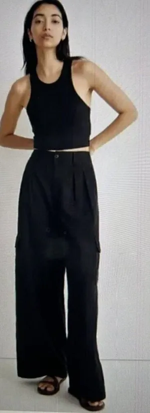 Madewell Womens Wide Leg Linen Blend Cargo Pants in True Black Size 6 thumbnail 1