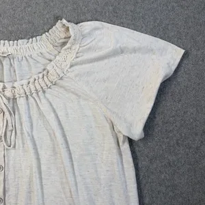 Cato Women's Large Beige Short Sleeve Peasant Blouse Ruffled Hem Button Front thumbnail 2