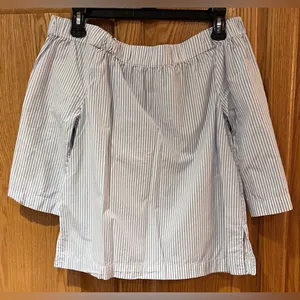 Madewell Clean Off-the-Shoulder Swing Top Shirt in Blue &‎ White Stripe Size XXS thumbnail 10