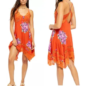 Free people Orange Floral Lace Trim slip Dress with asymmetrical hem, size S thumbnail 2