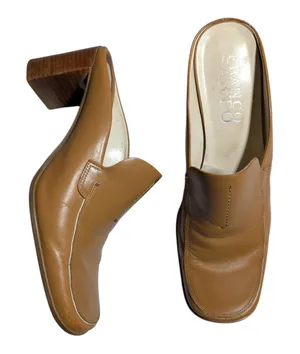 Vtg 1990s Franco Sarto Camel Tan Leather Block Heel Square Toe Mules Sz 8.5 thumbnail 1