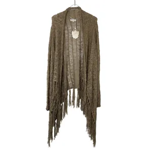 Y2k Miracle City Taupe Open Knit Fringe Longline Duster Cardigan Small Medium thumbnail 2