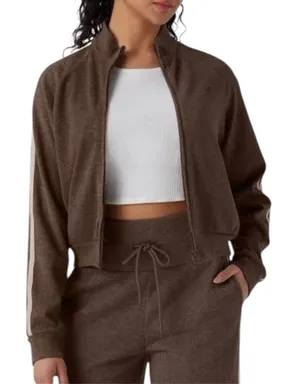Halara Brown Ribbed Stand Collar Zip Track Jacket with Taupe Stripes NWOT M thumbnail 1