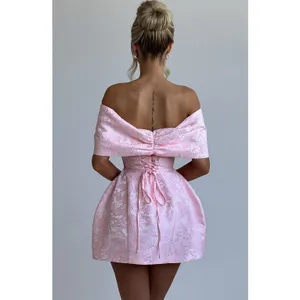 NWT Babyboo Raquel Blush Floral Jacquard Bow Off-The-Shoulder Mini Dress Size M thumbnail 8